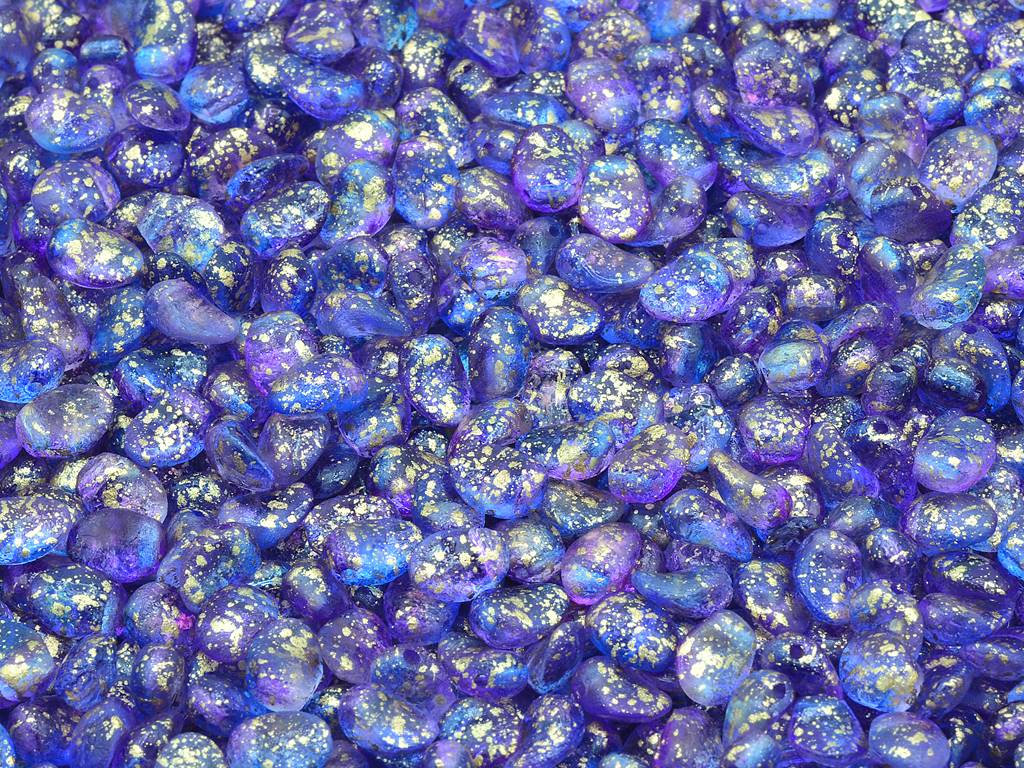 チューリップの花びらビーズ、クリスタルエッチングブルーバイオレットゴールドスプラッシュ(00030-ETCH-48002-94401)、ガラス、チェコ共和国
