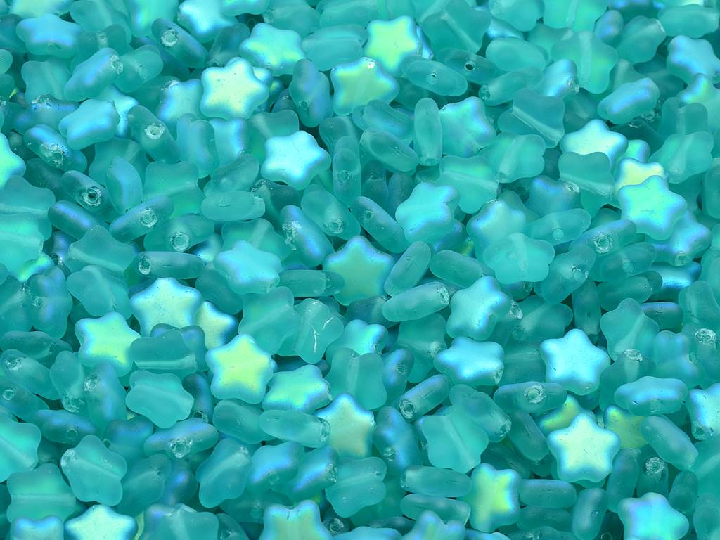 Flat Star Beads, Transparent Aqua Matte Ab (60210-84110-28701), Glass, Czech Republic