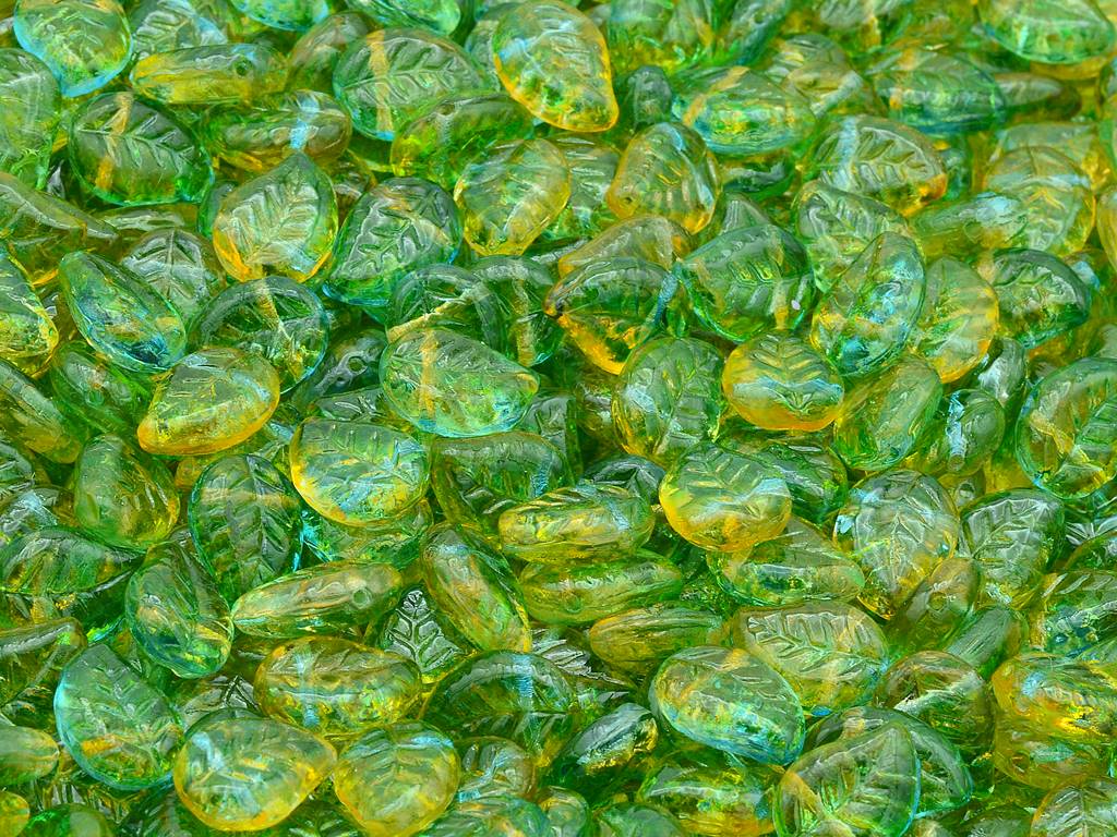 素敵なリーフビーズ、クリスタルオレンジグリーンブルー(00030-48004)、ガラス、チェコ共和国