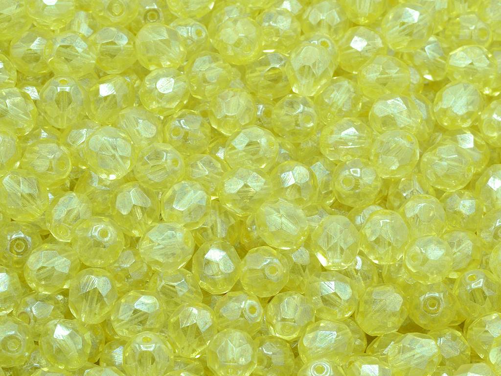 Faceted Round Fire Polished Beads, Crystal Luster Yellow Full Coated (00030-14483), Glass, Czech Republic
