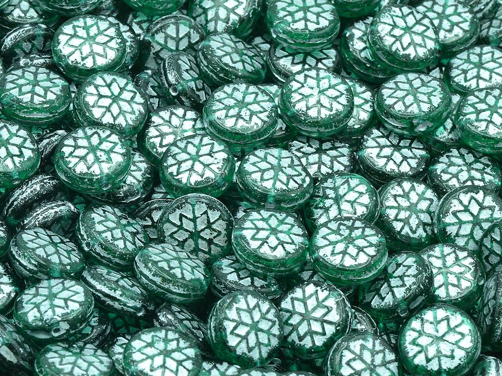 Snowflake Round Beads, Transparent Green Emerald Silver Lined (50720-54201), Glass, Czech Republic
