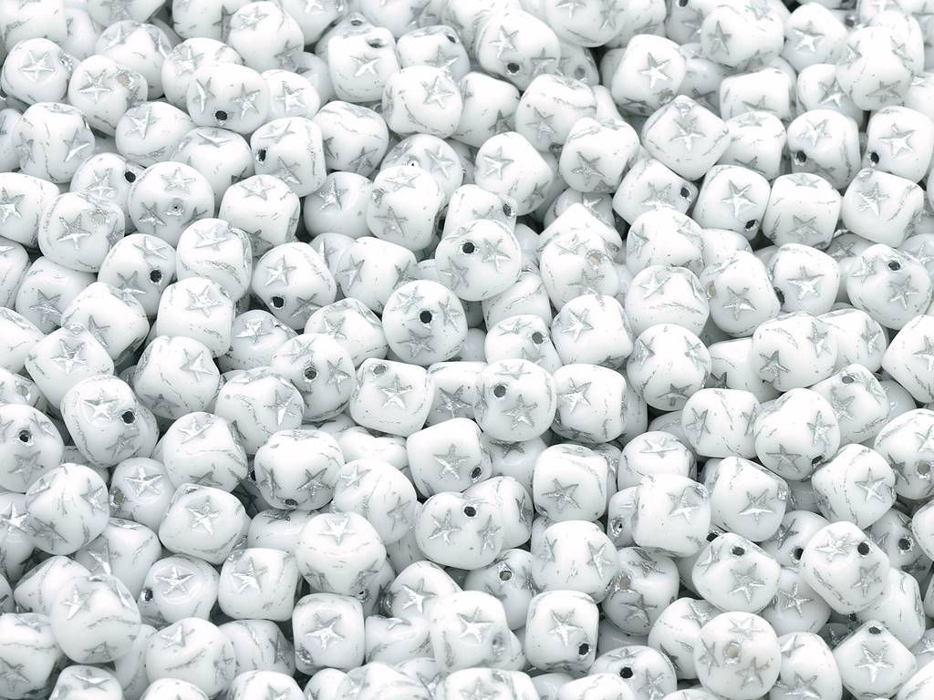 Cube Beads With Stars, Chalk White Silver Lined (03000-54201), Glass, Czech Republic