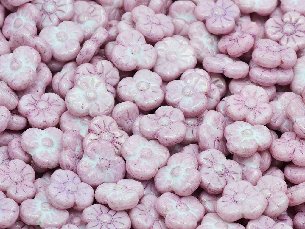 3枚の花びらフラワーフラットビーズ、チョークホワイトラスターライラ(03000-14494)、ガラス、チェコ共和国