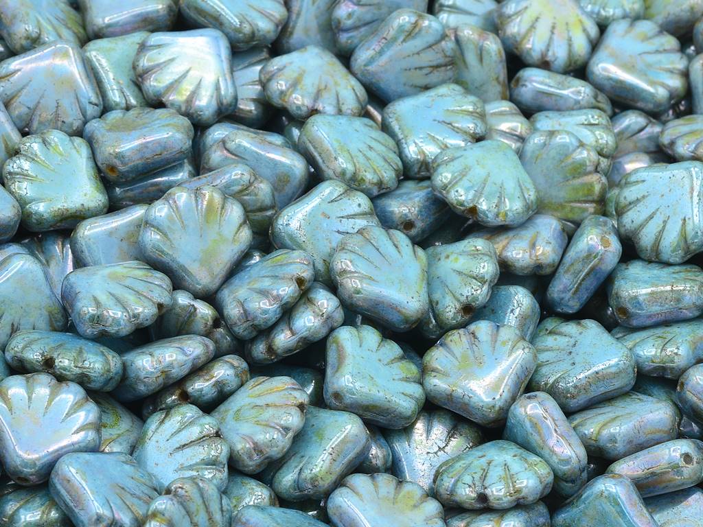 Pressed Beads Shell, Chalk White Stain With Luster Blue (03000-65431), Glass, Czech Republic