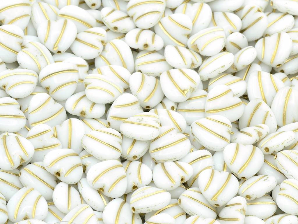 Heart With Lines Beads, Chalk White Gold Lined (03000-54202), Glass, Czech Republic