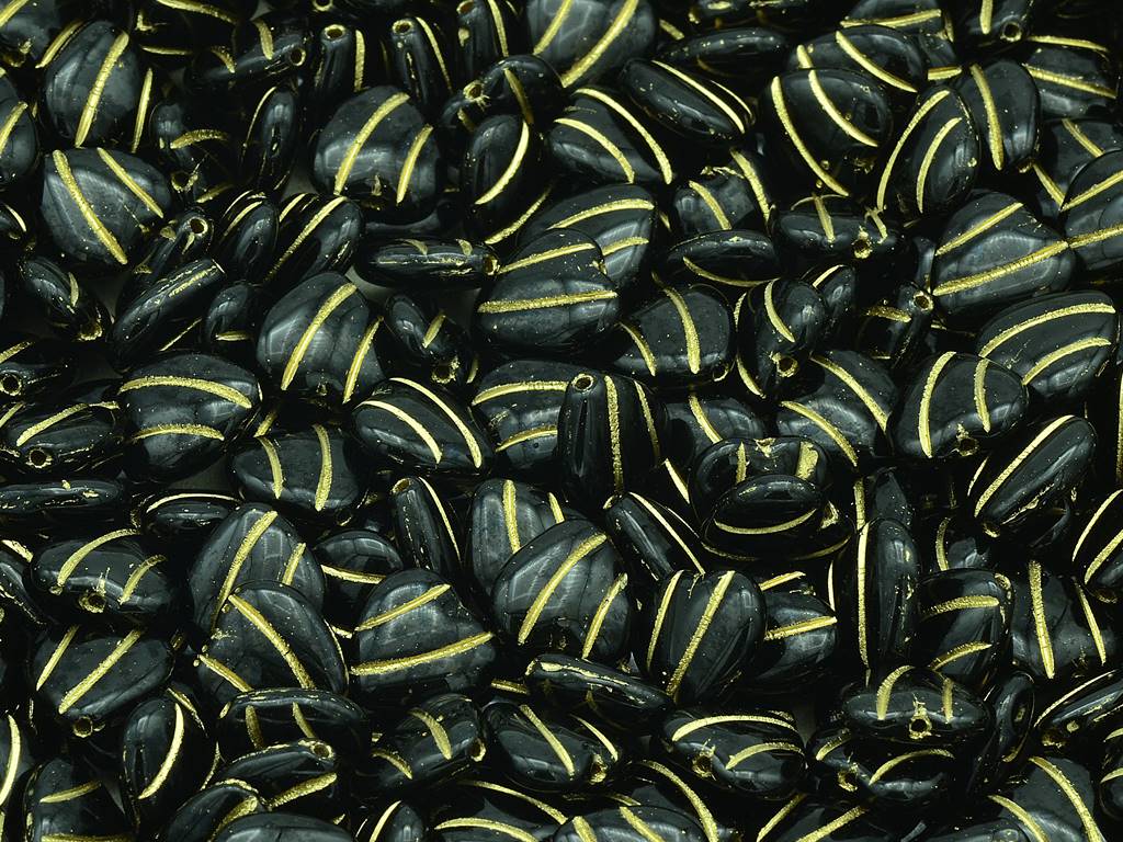 Heart With Lines Beads, Black Gold Lined (23980-54202), Glass, Czech Republic