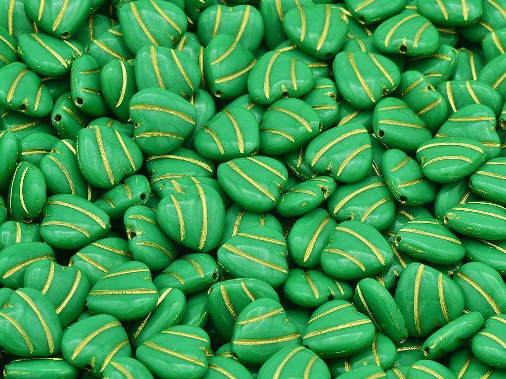 Heart With Lines Beads, Opaque Green Gold Lined (53230-54202), Glass, Czech Republic
