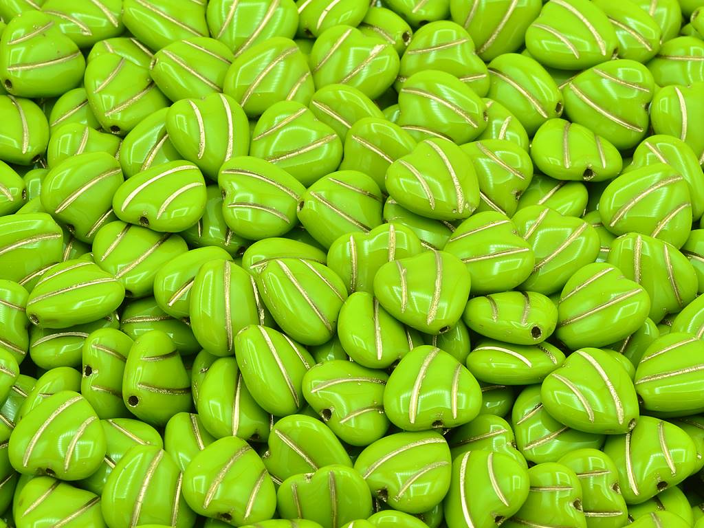 ハート型ラインビーズ、不透明グリーンゴールドライン(53400-54202)、ガラス、チェコ共和国