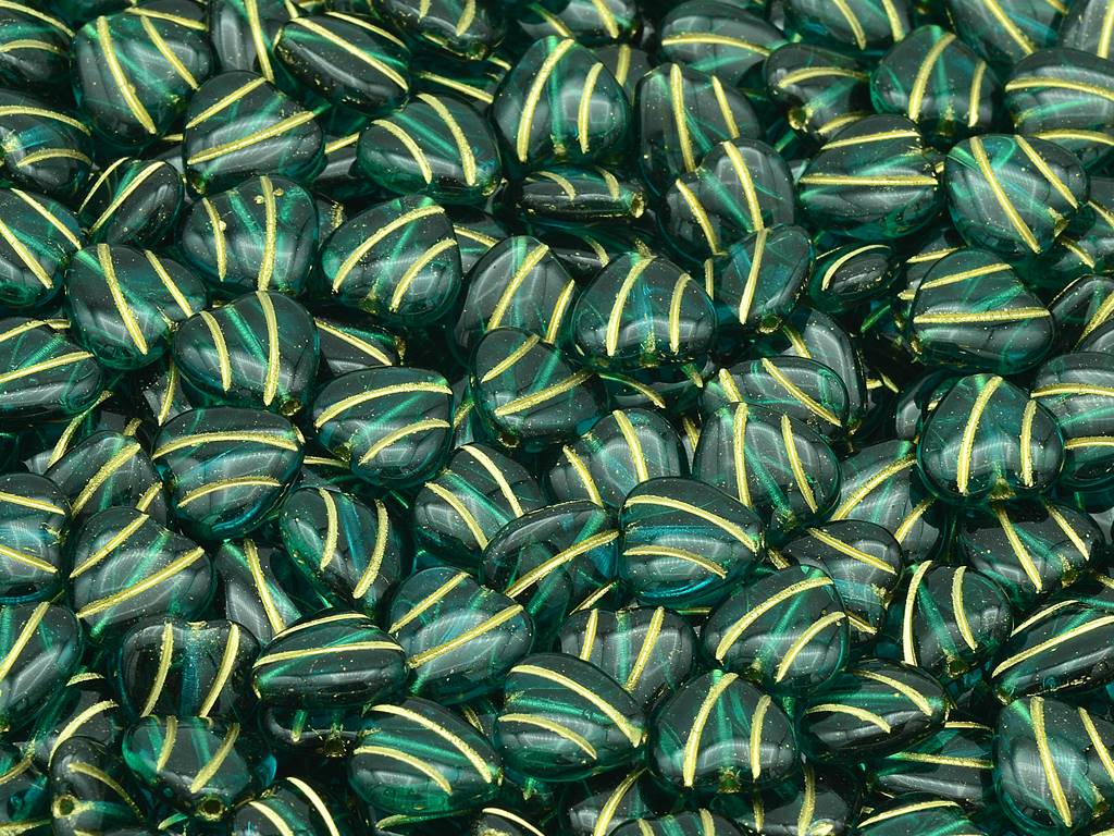 ハート型ラインビーズ、透明アクアゴールドライン(60230-54202)、ガラス、チェコ共和国