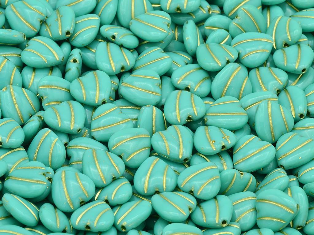 Heart With Lines Beads, Turquoise Gold Lined (63130-54202), Glass, Czech Republic