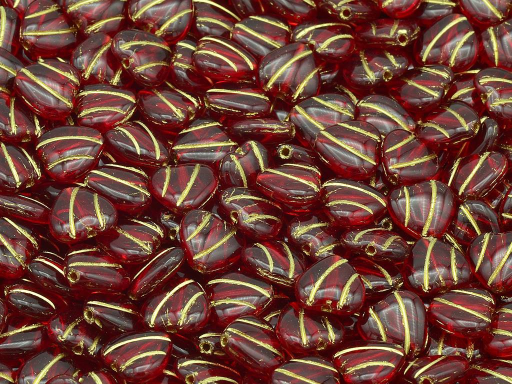 ハート型ラインビーズ、ルビーレッドゴールドライン(90080-54202)、ガラス、チェコ共和国