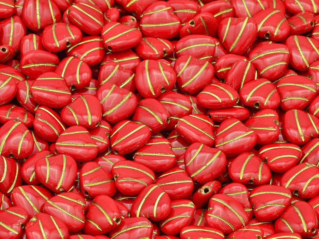 Heart With Lines Beads, Opaque Red Gold Lined (93200-54202), Glass, Czech Republic