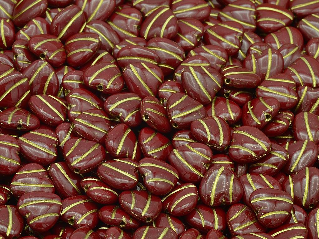Heart With Lines Beads, Opaque Red Gold Lined (93220-54202), Glass, Czech Republic