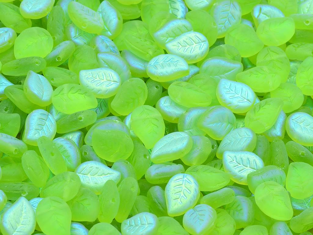 Nice Leaf Beads, Transparent Green Matt Ab (50220-28771), Glass, Czech Republic