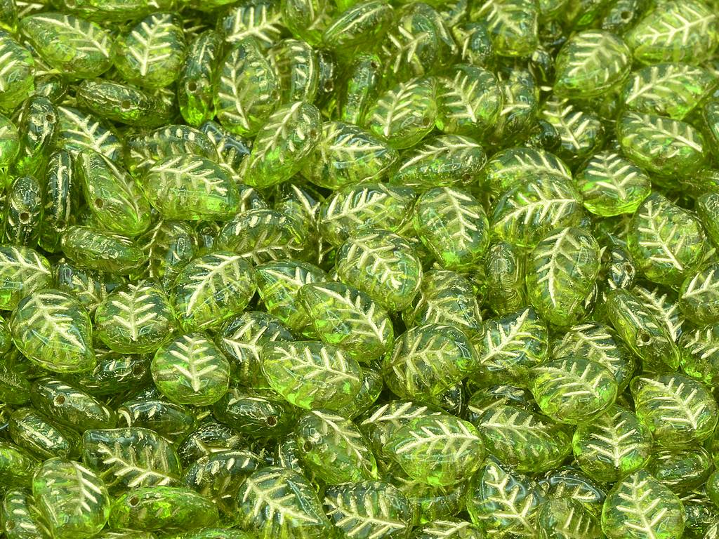 Nice Leaf Beads, Transparent Green Gold Lined (50220-54202), Glass, Czech Republic