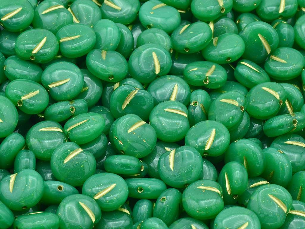 Apple Fruit Beads, Silk Green Gold Lined (52030-54202), Glass, Czech Republic