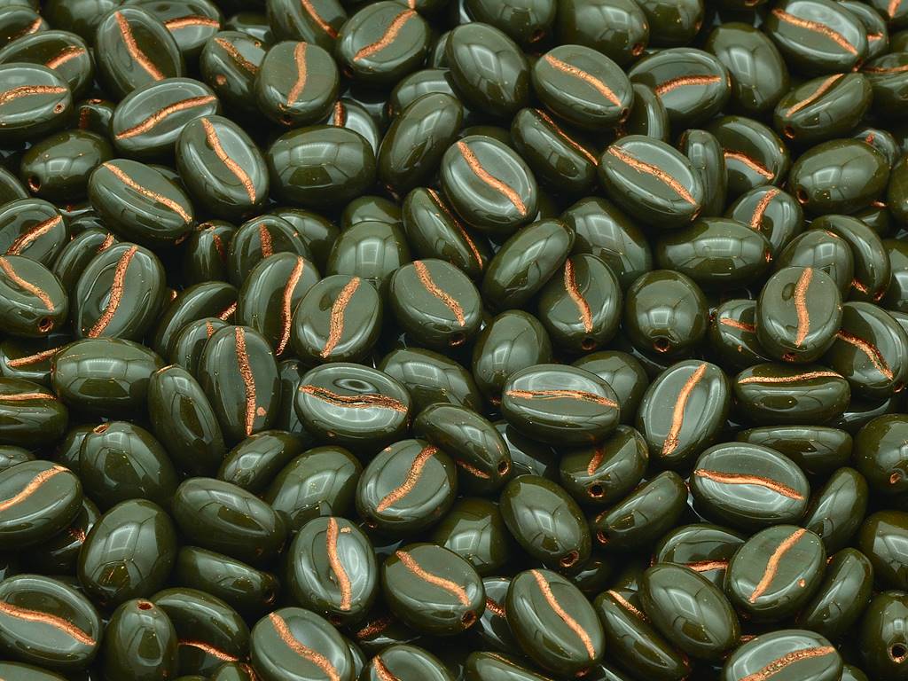 Coffee Bean Beads, Dark Green Copper Lined (13720-54307), Glass, Czech Republic
