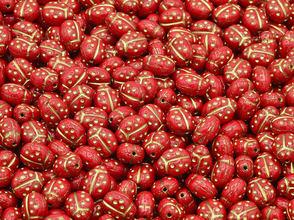 Ladybird Beads, Opaque Red Gold Lined (93200-54202), Glass, Czech Republic