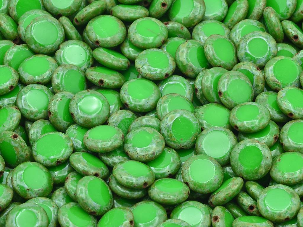 Table Cut Oval Beads, Opaque Green Travertin (53230-86800), Glass, Czech Republic