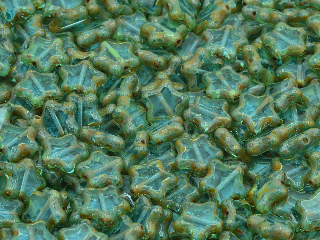 Table Cut Star Beads, Transparent Aqua Travertin (60010-86800), Glass, Czech Republic