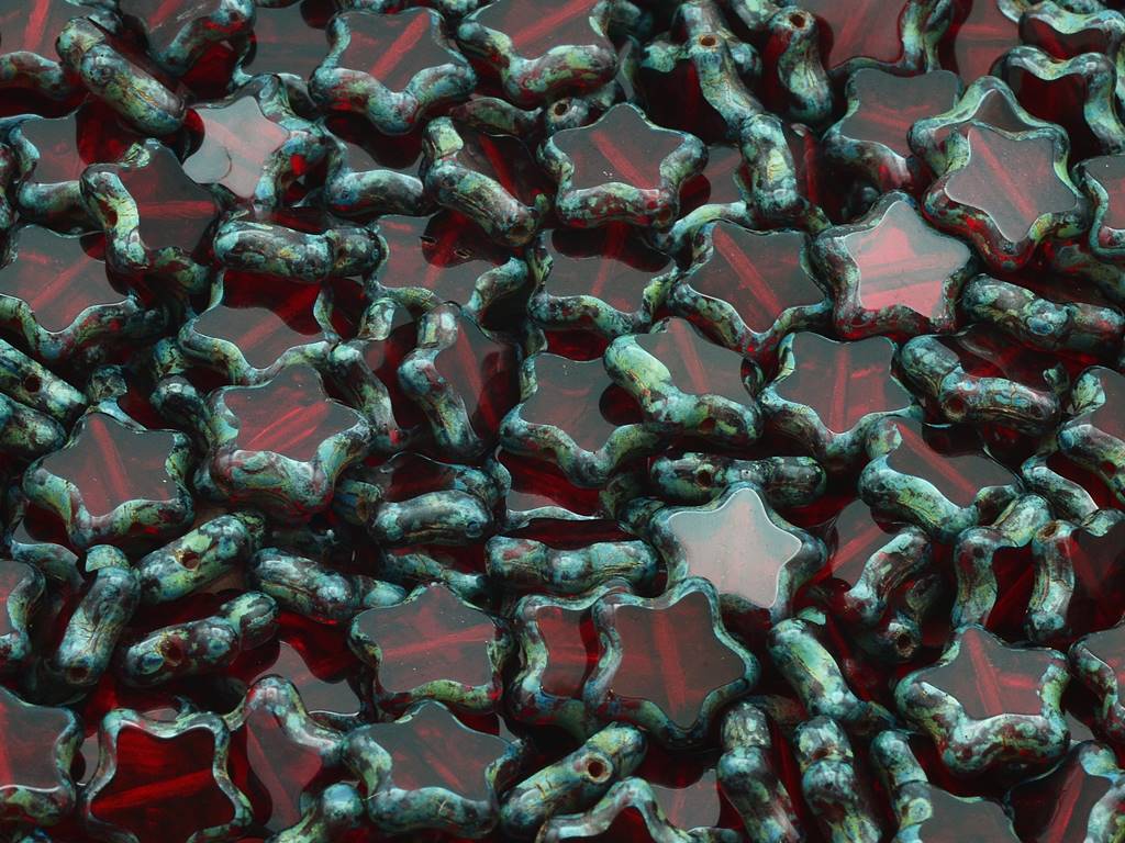 Table Cut Star Beads, Ruby Red Travertin (90080-86800), Glass, Czech Republic