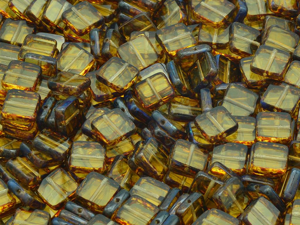 Table Cut Sqaure Beads, Transparent Light Topaz Yellow Travertin (10020-86800), Glass, Czech Republic