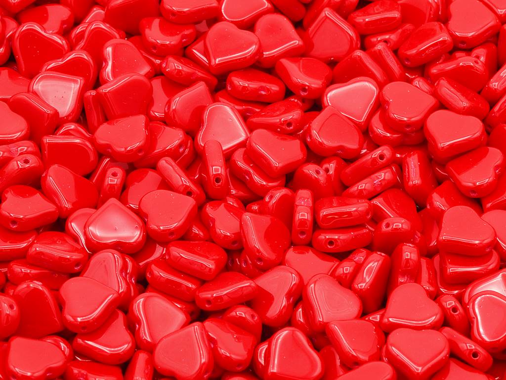 Flat Heart Beads Side Hole, Opaque Red (93200), Glass, Czech Republic