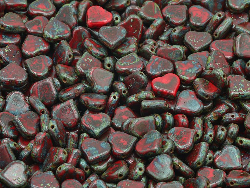 フラットハートビーズ サイドホール、不透明レッドトラバーチン(93200-86800)、ガラス、チェコ共和国