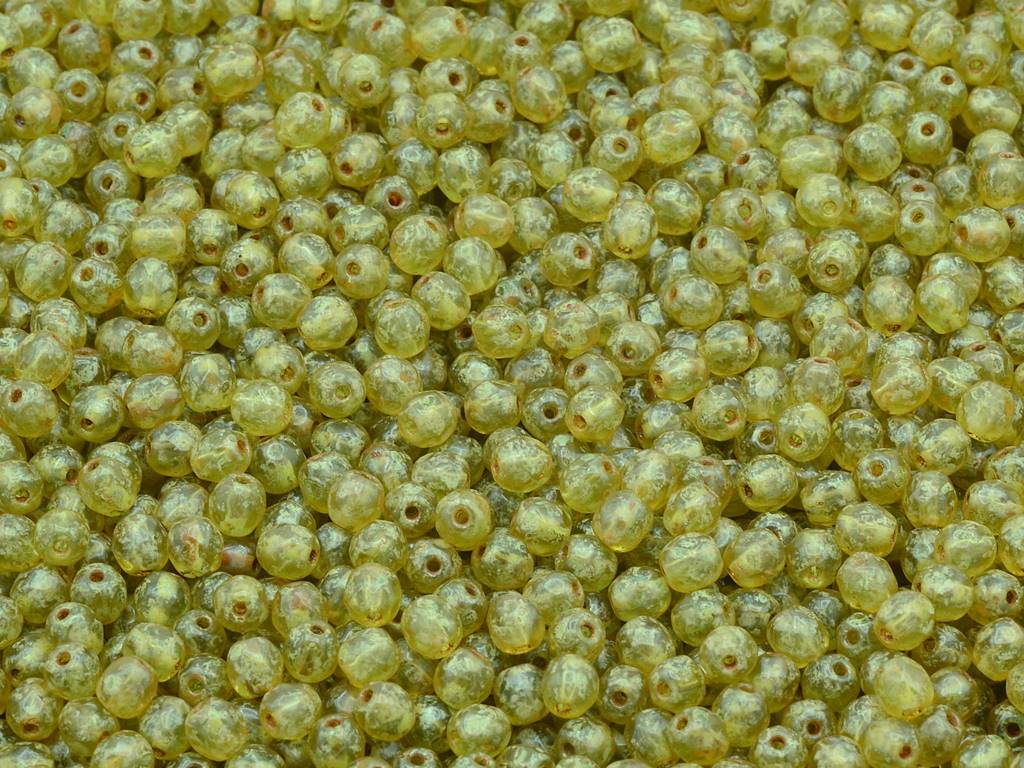 ファセット加工ラウンドファイアポリッシュビーズ、透明グリーントラバーチン(50200-86800)、ガラス、チェコ共和国