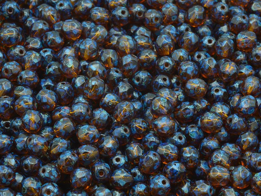 ファセット加工ラウンドファイアポリッシュビーズ、透明オレンジトラバーチン(10060-86800)、ガラス、チェコ共和国