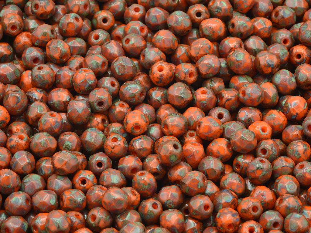 Faceted Round Fire Polished Beads, Opaque Orange Travertin (93130-86800), Glass, Czech Republic