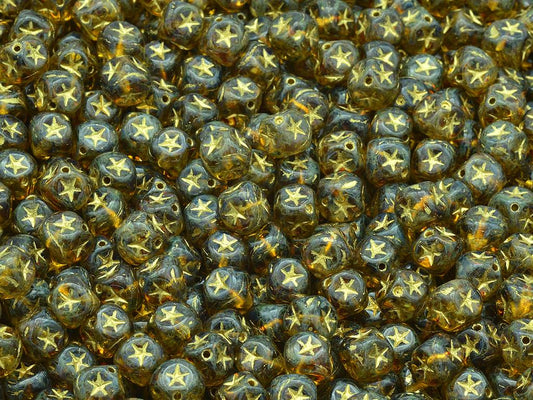 OUTLET 10 grams Cube Beads With Stars, 7 x 7 mm, Crystal Travertin Gold Lined (00030-86800-54302), Glass, Czech Republic