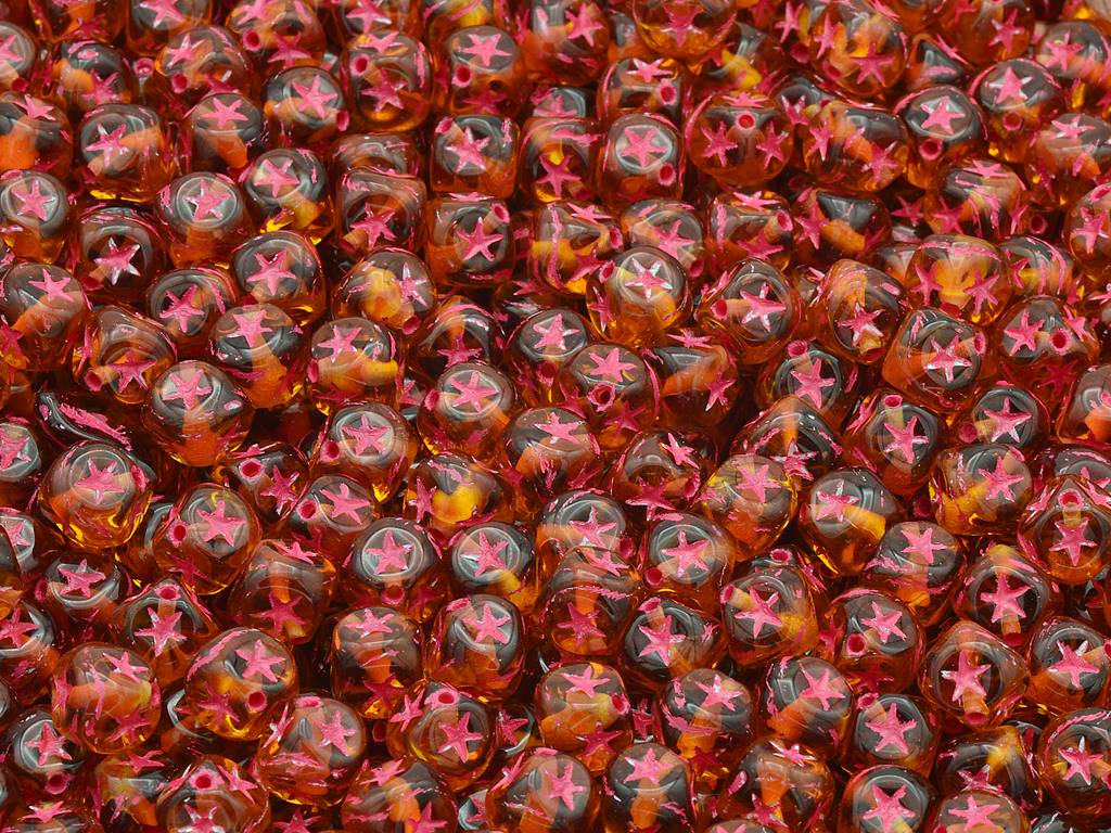 Cube Beads With Stars, Topaz Light Blue Lined (10070-54308), Glass, Czech Republic