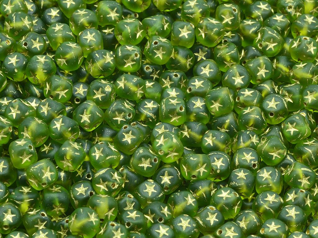 Cube Beads With Stars, Transparent Green Matte Gold Lined (50230-84110-54202), Glass, Czech Republic