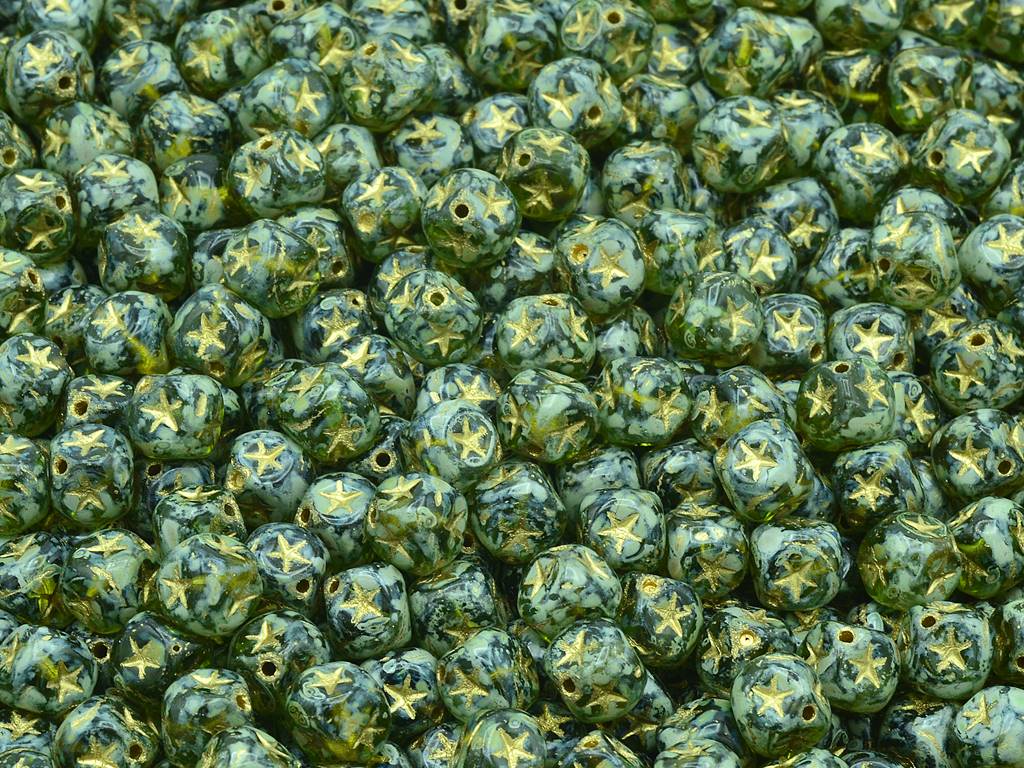 Cube Beads With Stars, Transparent Green Travertin Gold Lined (50230-86800-54202), Glass, Czech Republic
