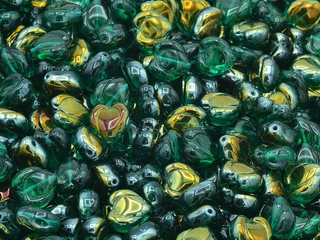 Heart Bud Beads, Transparent Green Emerald Crystal Bronze Capri (50720-22601), Glass, Czech Republic