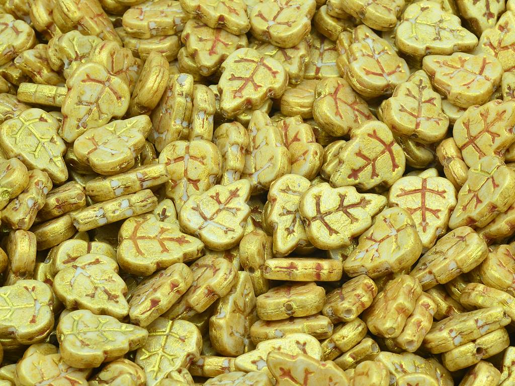 Pressed Beads Leaves, Chalk White Gold Luster Spotted (03000-65322), Glass, Czech Republic