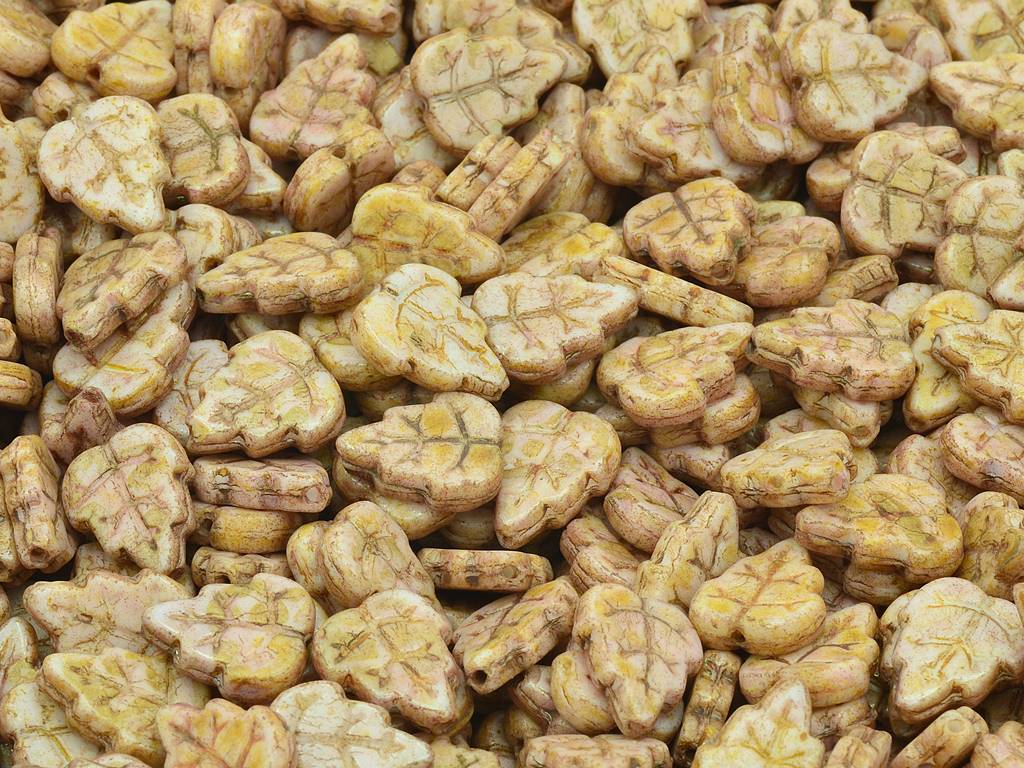 Pressed Beads Leaves, Chalk White Stain With Luster Red (03000-65491), Glass, Czech Republic