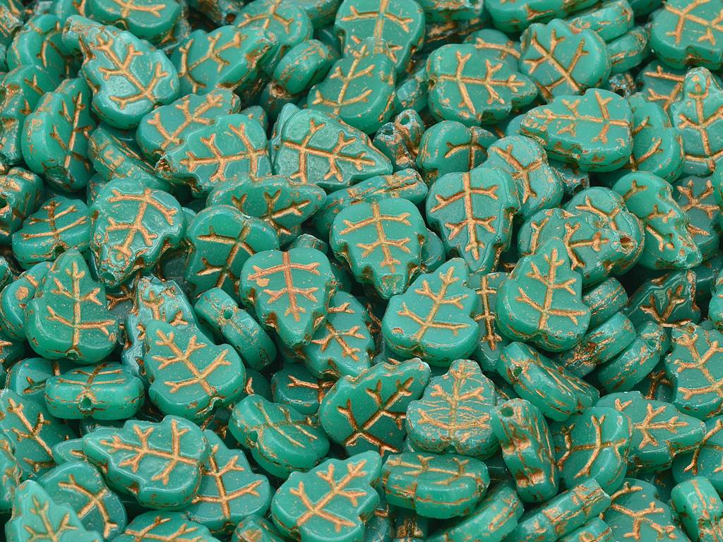 Pressed Beads Leaves, Opal Emerald Green Copper Lined (52040-54307), Glass, Czech Republic