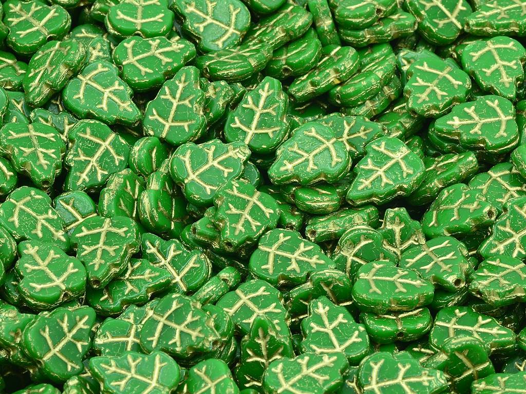 Pressed Beads Leaves, Opaque Green Gold Lined (53330-54202), Glass, Czech Republic
