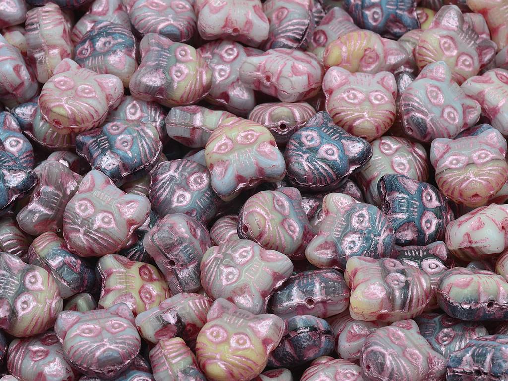 Cat Head Muzzle Beads, Mixed Colors (MIX), Glass, Czech Republic