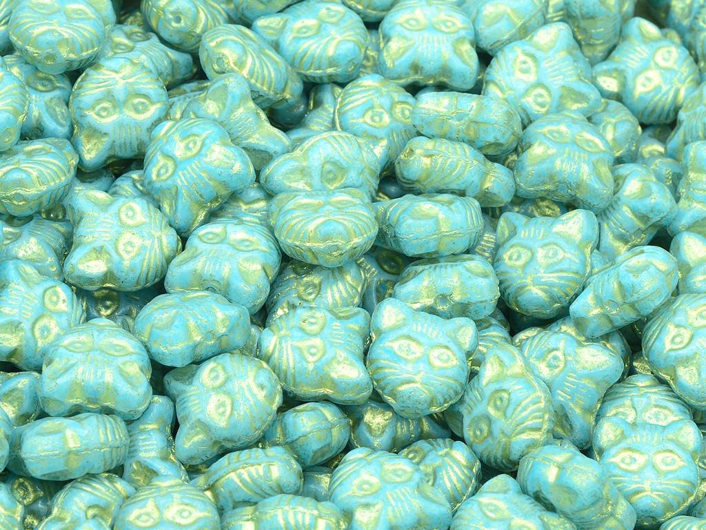 OUTLET 10 grams Cat Muzzle Beads, 13 x 13 mm, Chalk White Gold Lined Light Aqua Blue (03000-54302-34308), Glass, Czech Republic