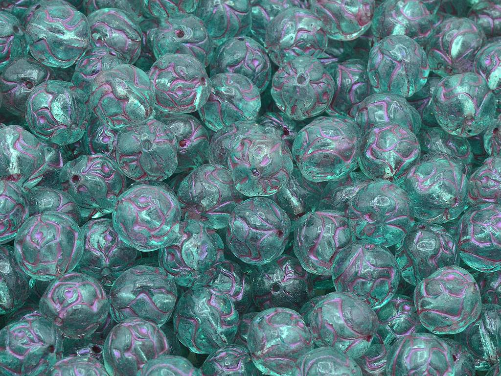 ラウンドローズビーズ、クリスタルピンクラインライトターコイズ(00030-43807-34309)、ガラス、チェコ共和国