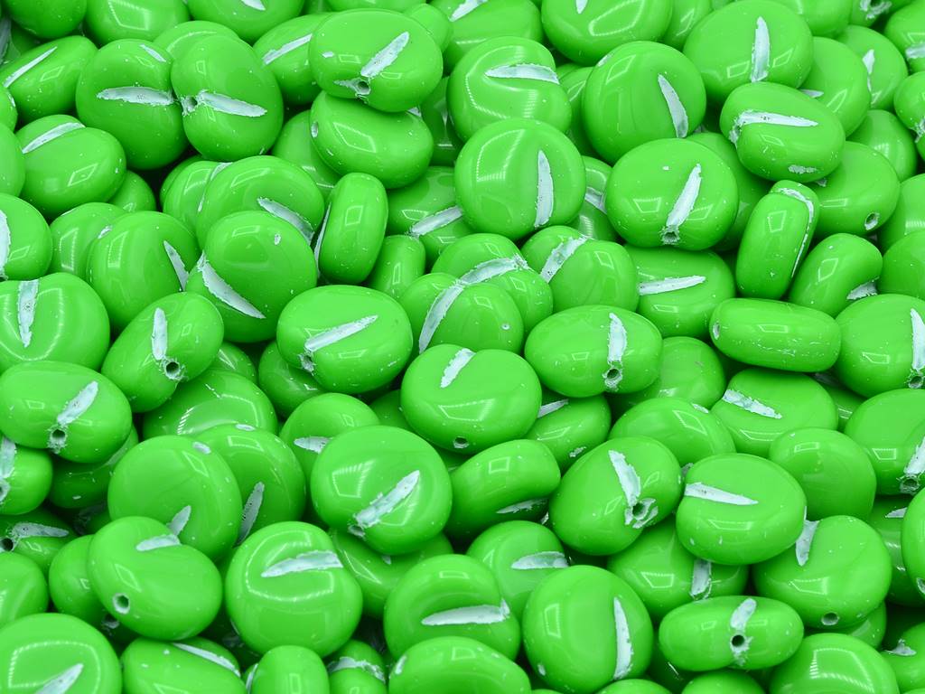Apple Fruit Beads, Opaque Green White Lined (53210-54312), Glass, Czech Republic