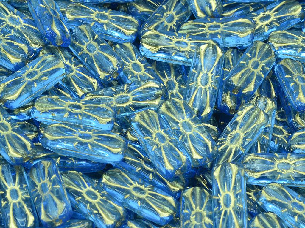 Rectangular Flower Beads, Transparent Blue Gold Lined (30030-54202), Glass, Czech Republic