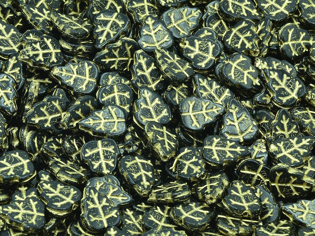 Pressed Beads Leaves, Black Gold Lined (23980-54202), Glass, Czech Republic