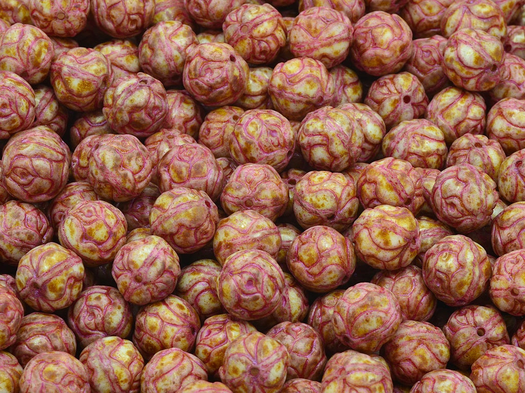 Round Rose Beads, Chalk White Travertin Pink Lined (03000-86800-43807), Glass, Czech Republic