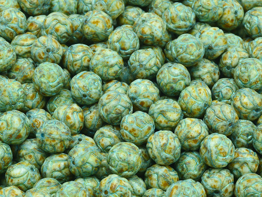 Round Rose Beads, Chalk White Travertin Light Blue Lined (03000-86800-43811), Glass, Czech Republic