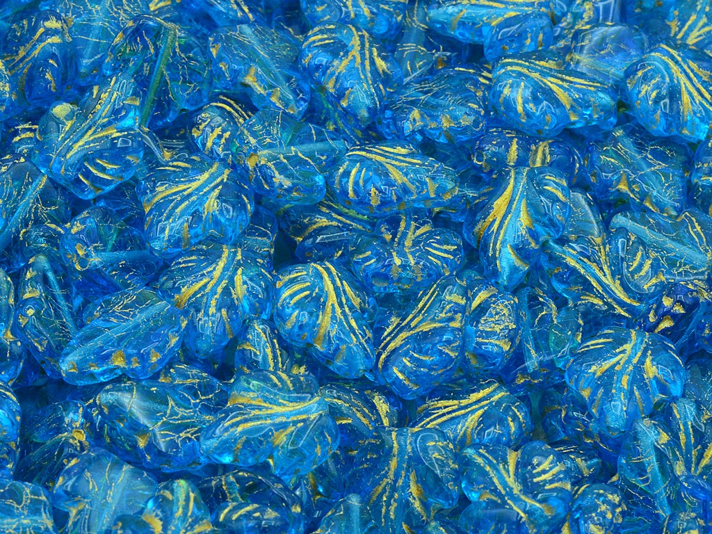 Grape Leaf Beads, Transparent Aqua Gold Lined (60310-54302), Glass, Czech Republic