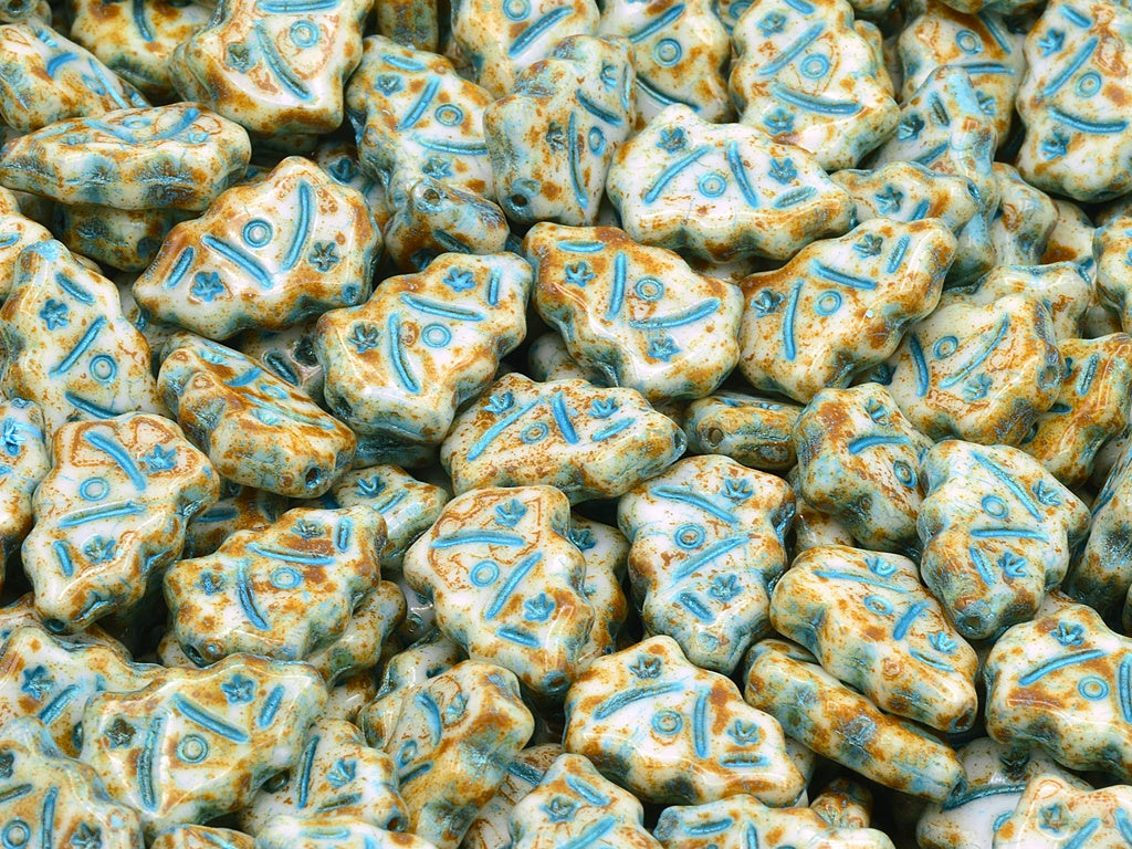 Christmas Tree Beads, Chalk White Travertin Light Blue Lined (03000-86800-43811), Glass, Czech Republic